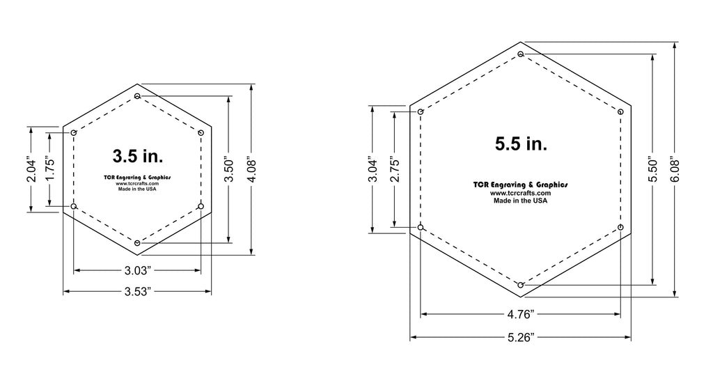 Hexagon Quilt Templates. 1/8 Inch 3.5, 5.5 Inches Clear w/Guide Line