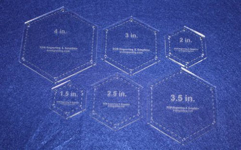 6 Pc. Hexagon Set 1.5", 2". 2.5", 3", 3.5" and 4" -1/8" Thick-All with Guideline Holes & Seam Allowance