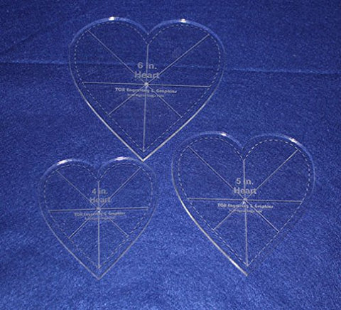 Heart Template 3 Piece Set. 4",5",6" - Clear 1/4" Thick w/ guidelines & seam