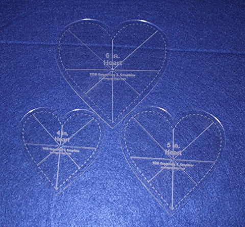 Heart Template 3 Piece Set. 4,5,6 Inches - 1/8 Inch thick-with seam allowance, guidelines
