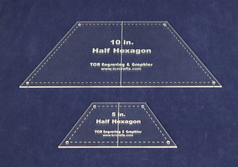 2 Piece Set Half Hexagon Quilt Templates. 5 and 10 Inches - Clear w/ Center Guideline & Guideline Holes 1/8 Inch Thick