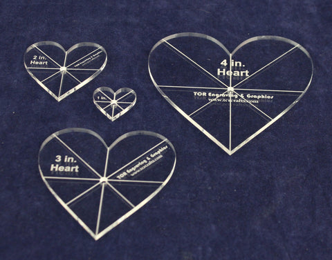 Heart Template 4 Piece Set. 1",2",3",4" - Clear 1/8" Thick w/ guidelines