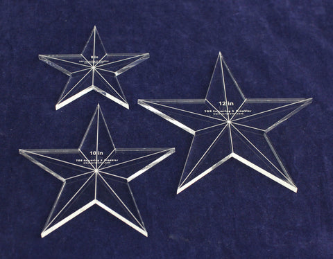 Star Template 3 Piece Set. 8",10",12" - Clear 1/4" Thick w/ Guidelines & Center Hole