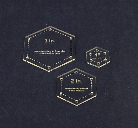 Hexagon Quilt Templates. 1/8 Inch 1, 2, 3 Inches - Clear w/Guide Line Holes