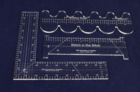 3 Ruler Set -11" Scallop, 9" Stitch in The Ditch, 9" L-Shaped 1/4"- Clear Acrylic - Quilting/Sewing