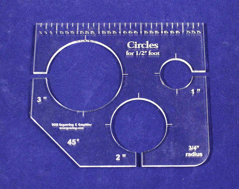 3 Circles Template for 1/2" Foot - Clear with Ruler 1/4" Thick 1", 2", 3"