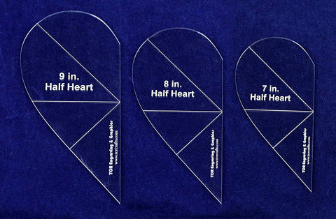 Half Heart Template 3 Piece Set. 7, 8, 9 Inches- Clear 1/8 Inch Thick w/ Guidelines