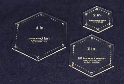 Hexagon Templates. 2", 3", 4" - Clear- With Guide Holes 1/8"