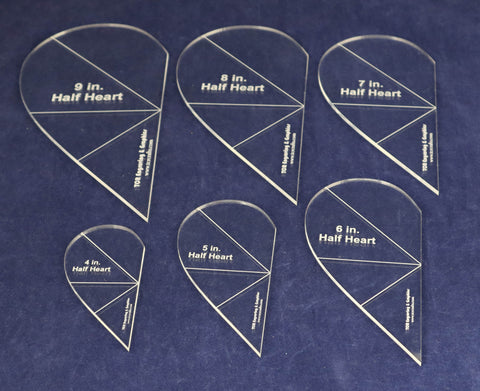 Half Heart Template 6 Piece Set. 4,5,6,7,8,9 Inches- Clear 1/8 Inch Thick w/ Guidelines