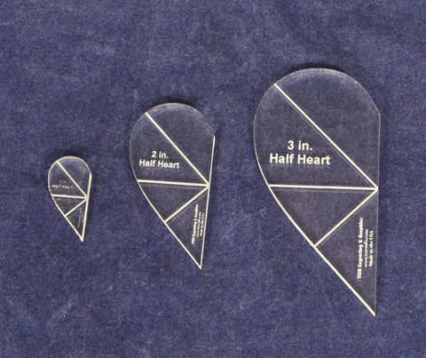 Half Heart Template 3 Piece Set. 1, 2, 3 Inches- Clear 1/8 Inch Thick w/ Guidelines