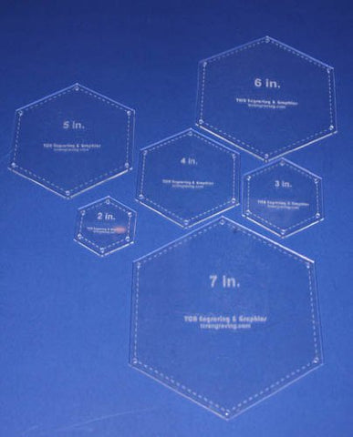 Hexagon Templates. 2", 3", 4", 5", 6", 7" - Clear w/Guide Line Holes 1/8"