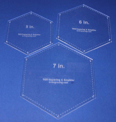 Hexagon Templates. 5", 6", 7" - Clear w/Guide Line Holes 1/8"