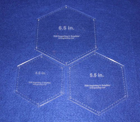 Hexagon Templates. 4.5", 5.5", 6.5" - Clear W/guide Line Holes 1/8"