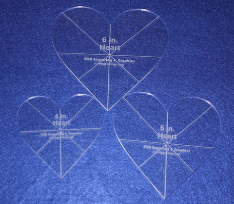 Heart Template 3 Piece Set. 4",5",6" - Clear 1/8" Thick w/ guidelines