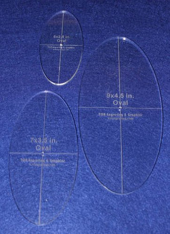 Oval Quilt Templates 3 Piece Set. 5",7",9" - Clear 1/4" Thick w/ Guidelines