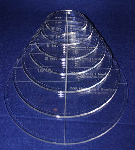 Circle Template with Seam Allowance 7 Piece Set. 4",5",6",7",8",9",10" - Clear 1/4" Thick