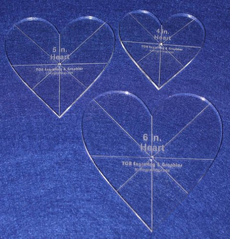 Heart Template 3 Piece Set. 4",5",6" - Clear 1/4" Thick w/ guidelines