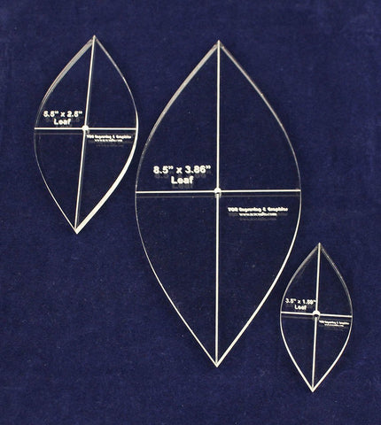 Leaf Shaped Quilt Templates 3 Piece Set. - Clear 1/4" Thick W/center Hole and Crosshair