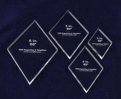 Diamond Templates 3", 4", 5", 6" - Clear 1/4" 60 Degree-Actual Size