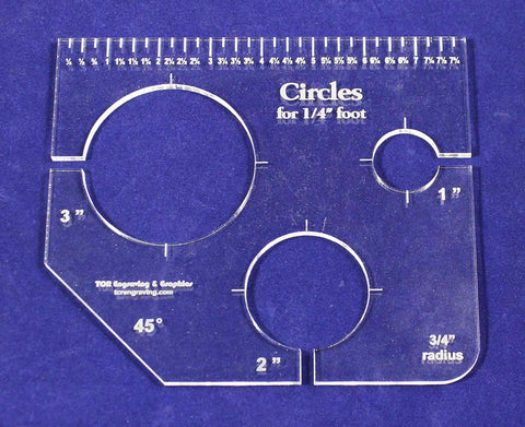 3 Circles Template for 1/4" Foot - Clear with Ruler 1/4" Thick 1", 2", 3"