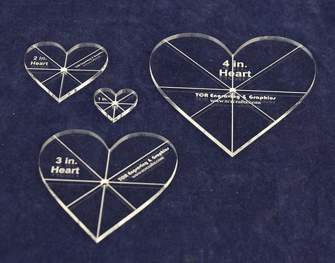 Heart Template 4 Piece Set. 1",2",3",4" - Clear 1/8" Thick w/guidelines